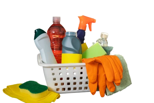 Home cleaning supplies in a basket.